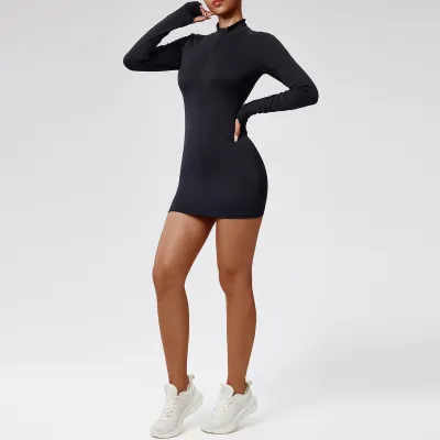 Women Fashion Casual Solid Color Long-Sleeve Zipper Quick-Drying Yoga Sports Dress