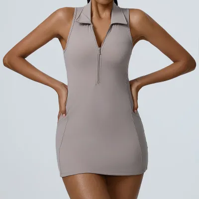 Women Fashion Casual Solid Color Lapel Sleeveless Zipper Sports Tennis Dress