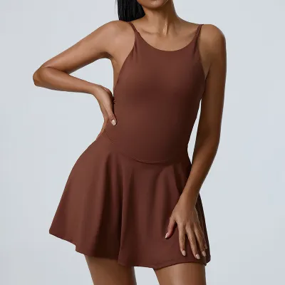 Women Fashion Solid Color Spaghetti Strap With Chest Pad Backless Quick-Drying Sports Tennis Dress