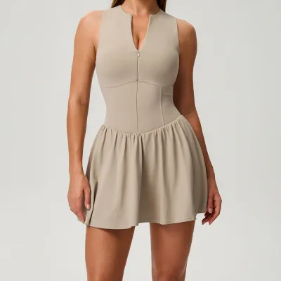 Women Fashion Casual Solid Color Sleeveless Anti-Run Zipper A- Line Yoga Tennis Dress