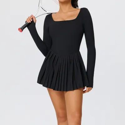 Women Fashion Casual Solid Color Backless Long-Sleeve With Chest Pad Tight Waist Yoga Sports Dress