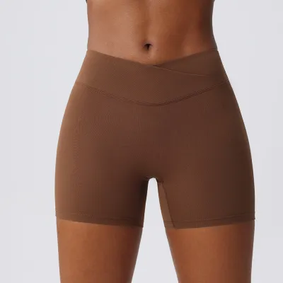 Women Fashion Casual Solid Color Cross High Waist Yoga Tight Shorts
