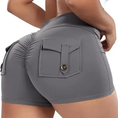 Women Fashion Solid Color Tight Pocket Sports Yoga Shorts