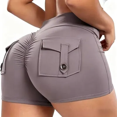 Women Fashion Solid Color Tight Pocket Sports Yoga Shorts