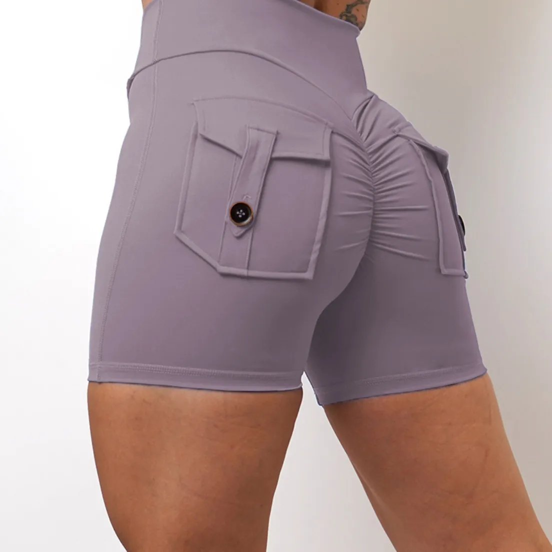 Women Fashion Solid Color Tight Pocket Sports Yoga Shorts