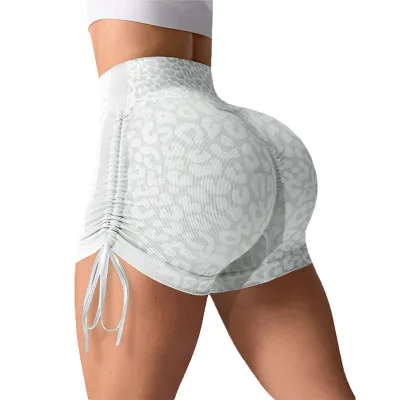 Women Fashion Leopard Seamless Drawstring High Waist Tight Quick-Drying Yoga Shorts
