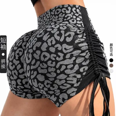 Women Fashion Leopard Seamless Drawstring High Waist Tight Quick-Drying Yoga Shorts