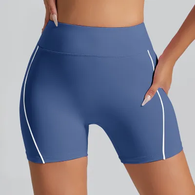 Women Fashion Casual Contrast Color Line High Waist Tight Sports Shorts