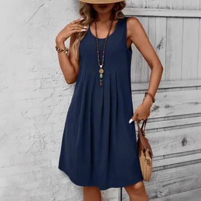 Women Casual Solid Color Sleeveless Round Neck Cotton Linen Dress