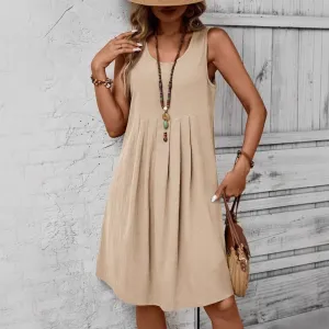 Women Casual Solid Color Sleeveless Round Neck Cotton Linen Dress