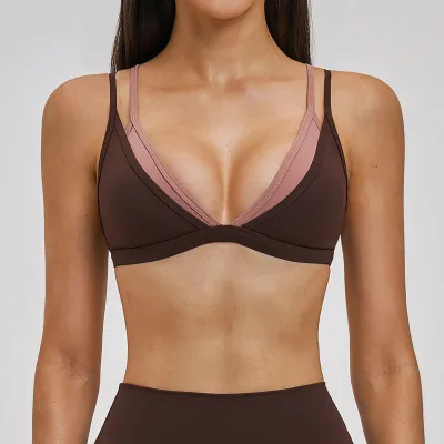 Women Fashion Sexy Fake Two-Piece Contrast Color Sports Yoga Bra