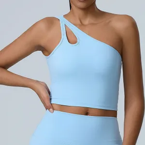 Women Fashion Casual Solid Color Irregular Sleeveless Slanted Shoulder Sports Bra