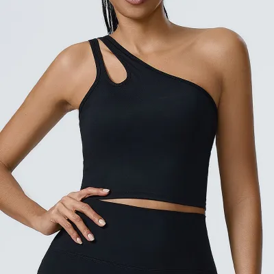 Women Fashion Casual Solid Color Irregular Sleeveless Slanted Shoulder Sports Bra