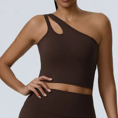 Women Fashion Casual Solid Color Irregular Sleeveless Slanted Shoulder Sports Bra