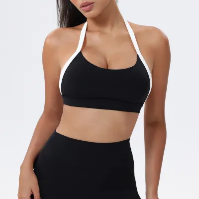 Women Fashion Contrast Color Stitching Halter-Neck Quick-Drying Sports Yoga Bra