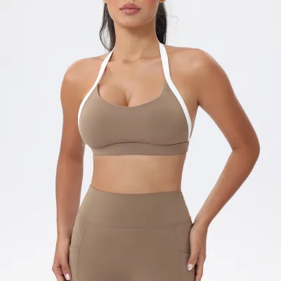 Women Fashion Contrast Color Stitching Halter-Neck Quick-Drying Sports Yoga Bra