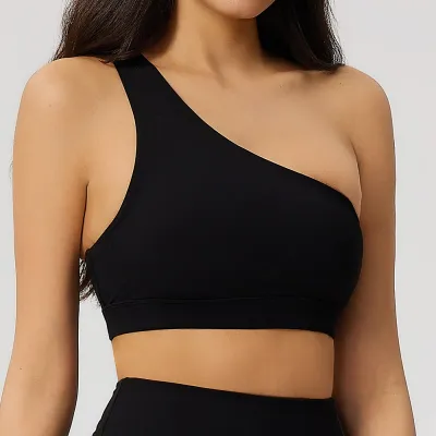 Women Fashion Sexy Solid Color Slant Shoulder Backless Sports Bra
