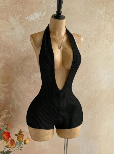 Women Fashion Sexy Solid Color Textured Halter-Neck V-Neck Backless Slim-Fit Rompers
