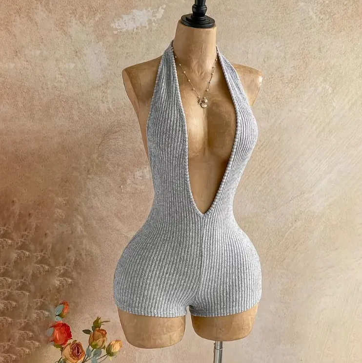 Women Fashion Sexy Solid Color Textured Halter-Neck V-Neck Backless Slim-Fit Rompers