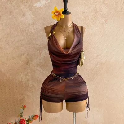 Women Fashion Sexy Gradient Print Mesh Metallic Laminated Halter-Neck Ruffled Tight Rompers