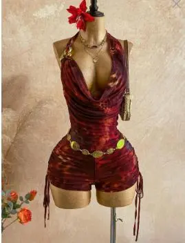 Women Fashion Sexy Gradient Print Mesh Metallic Laminated Halter-Neck Ruffled Tight Rompers