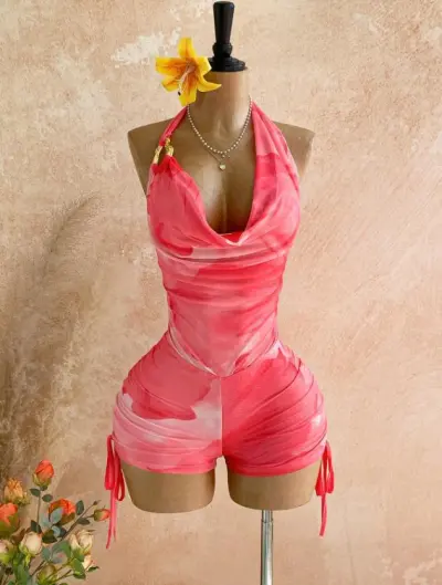 Women Fashion Sexy Gradient Print Mesh Metallic Laminated Halter-Neck Ruffled Tight Rompers