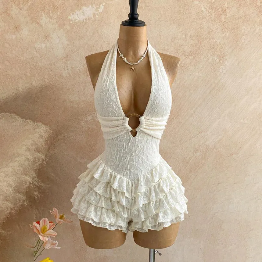 Women Fashion Sexy Solid Color Textured Halter-Neck Backless Ruffled Rompers