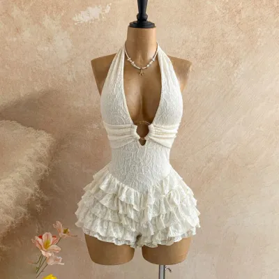 Women Fashion Sexy Solid Color Textured Halter-Neck Backless Ruffled Rompers