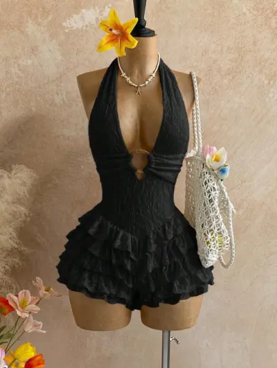 Women Fashion Sexy Solid Color Textured Halter-Neck Backless Ruffled Rompers