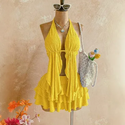 Women Fashion Sexy Solid Color Texture Halter-Neck Lace-Up Crop Top Ruffled Mini Skirt Two-Piece Set