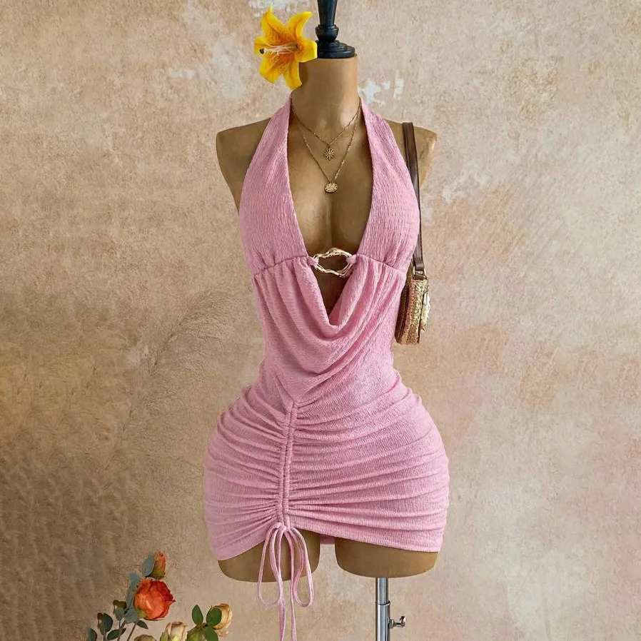 Women Fashion Sexy Solid Color Metal Buckle Halter-Neck Pleated Knot Backless Drawstring Dress