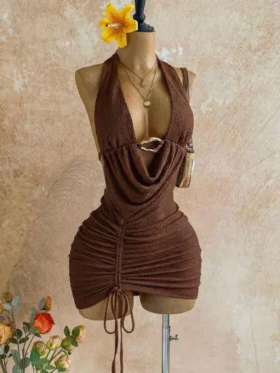 Women Fashion Sexy Solid Color Metal Buckle Halter-Neck Pleated Knot Backless Drawstring Dress