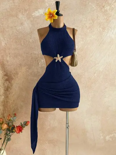 Women Fashion Sexy Solid Color Starfish Halter-Neck Hollow-Out Strap Pleated Slim-Fit Dress
