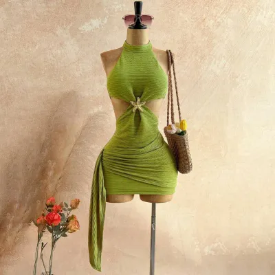 Women Fashion Sexy Solid Color Starfish Halter-Neck Hollow-Out Strap Pleated Slim-Fit Dress