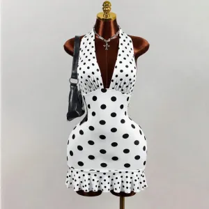 Women Fashion Sexy Summer Polka Dot Print Deep V-Neck Backless Lace-Up Ruffle Hem Tight Dress