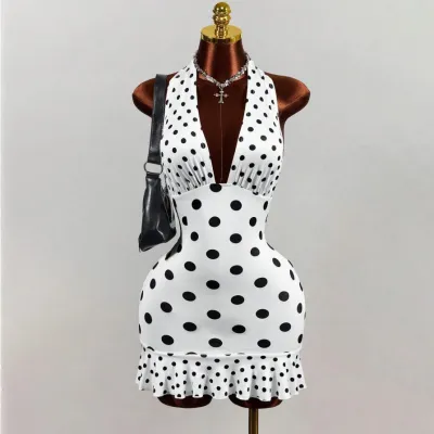 Women Fashion Sexy Summer Polka Dot Print Deep V-Neck Backless Lace-Up Ruffle Hem Tight Dress