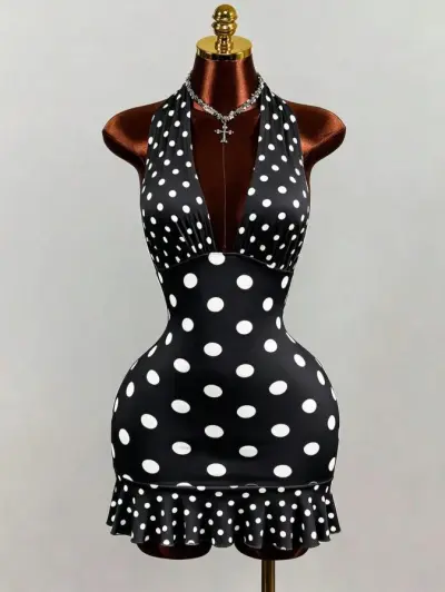 Women Fashion Sexy Summer Polka Dot Print Deep V-Neck Backless Lace-Up Ruffle Hem Tight Dress