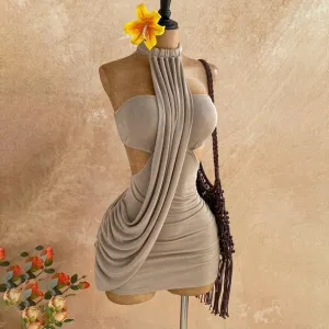 Women Fashion Sexy Solid Color Asymmetrical Halter-Neck Backless Lace-Up Dress