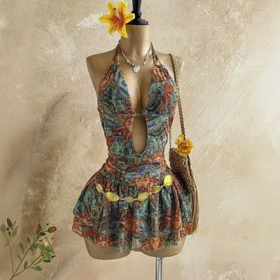 Women Fashion Sexy Boho Printed Deep V Hollow Out Halter-Neck Backless A-Line Dress