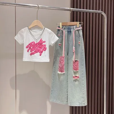 Kids Girls Fashion Casual 3D Graffiti Short Sleeve T Shirt Wide Leg Ripped Jeans Two Piece Set