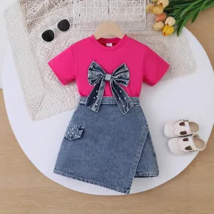 Kids Girls Fashion Casual Bow-Knot Pearl Short-Sleeve T-Shirt Denim Skirt Two-Piece Set