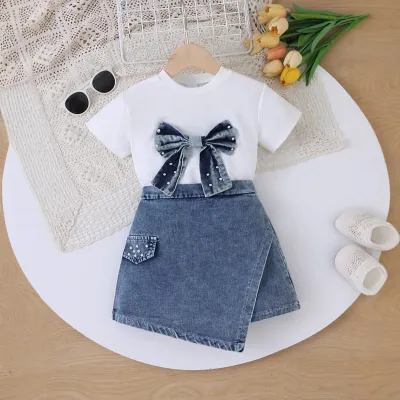 Kids Girls Fashion Casual Bow-Knot Pearl Short-Sleeve T-Shirt Denim Skirt Two-Piece Set
