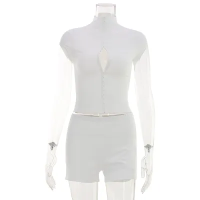 Women Fashion Solid Color Short Sleeve Hollow Top And Shorts Two-Piece Set