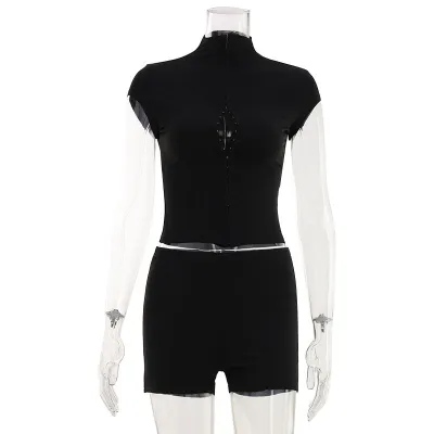 Women Fashion Solid Color Short Sleeve Hollow Top And Shorts Two-Piece Set