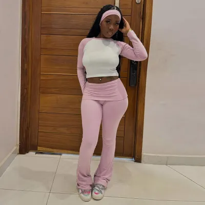 Women Casual Color Contrast Long Sleeve Top And Pants And Hair Strap Sport Three-Piece Set