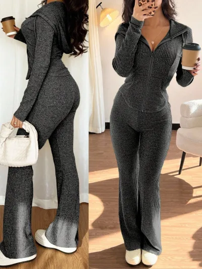 Women Casual Solid Zip-Up Hoodie And Pants Two-Piece Set