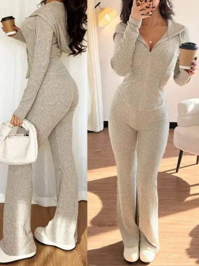 Women Casual Solid Zip-Up Hoodie And Pants Two-Piece Set