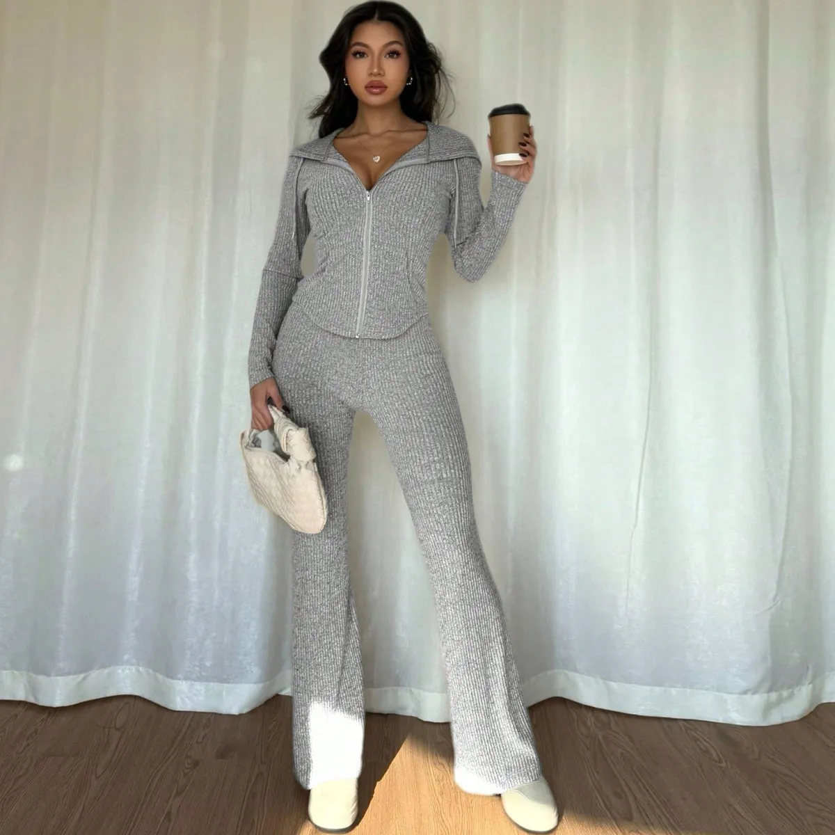 Women Casual Solid Zip-Up Hoodie And Pants Two-Piece Set