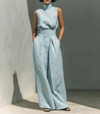 Women Fashion Casual Solid Color Sleeveless Top And Wide Leg Pants Two-Piece Set