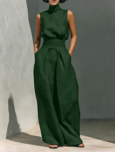 Women Fashion Casual Solid Color Sleeveless Top And Wide Leg Pants Two-Piece Set